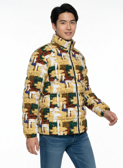 040 NISHIKIx Tweed Print Unisex Stand Collar Slim Down Jacket - Naples Yellow