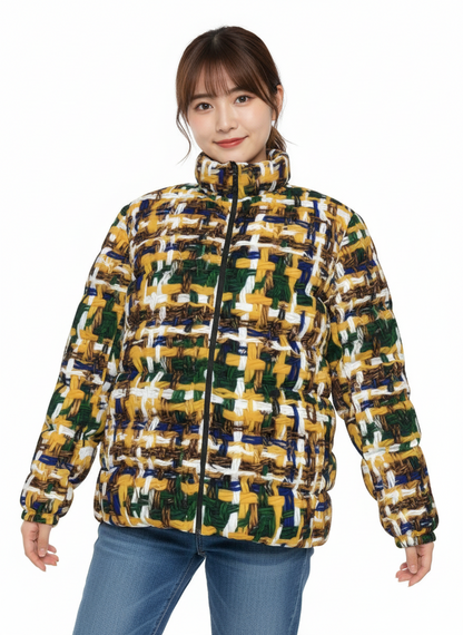 041 NISHIKIx Tweed Print Unisex Stand Collar Slim Down Jacket - Indian Yellow