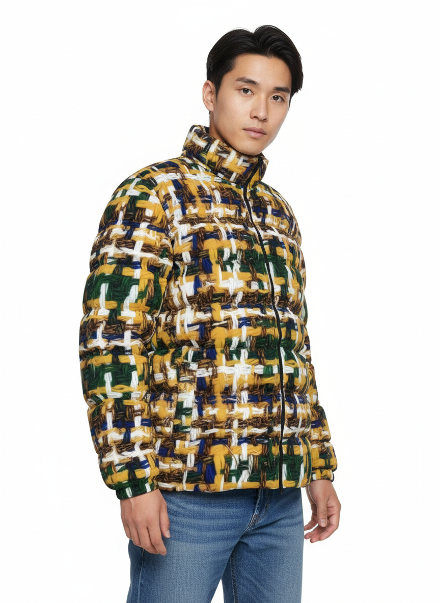 041 NISHIKIx Tweed Print Unisex Stand Collar Slim Down Jacket - Indian Yellow