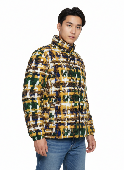 041 NISHIKIx Tweed Print Unisex Stand Collar Slim Down Jacket - Indian Yellow