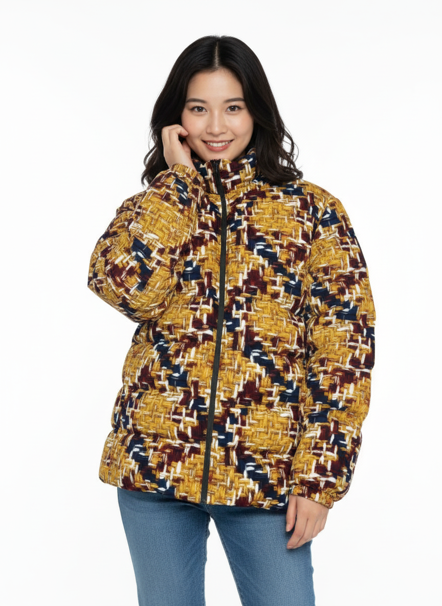 042 NISHIKIx Tweed Print Unisex Stand Collar Slim Down Jacket - Gold