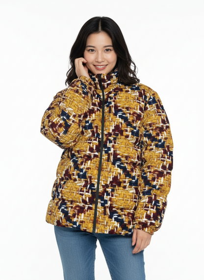 042 NISHIKIx Tweed Print Unisex Stand Collar Slim Down Jacket - Gold