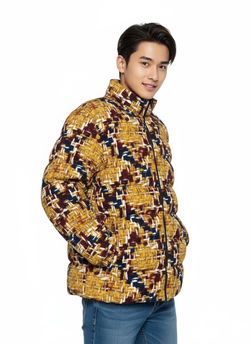 042 NISHIKIx Tweed Print Unisex Stand Collar Slim Down Jacket - Gold