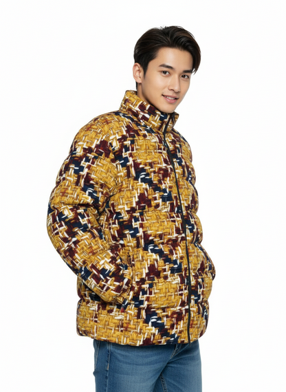 042 NISHIKIx Tweed Print Unisex Stand Collar Slim Down Jacket - Gold