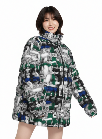043 NISHIKIx Tweed Print Unisex Stand Collar Slim Down Jacket - Silver