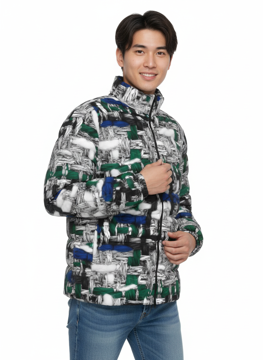 043 NISHIKIx Tweed Print Unisex Stand Collar Slim Down Jacket - Silver