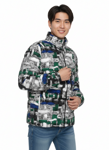 043 NISHIKIx Tweed Print Unisex Stand Collar Slim Down Jacket - Silver