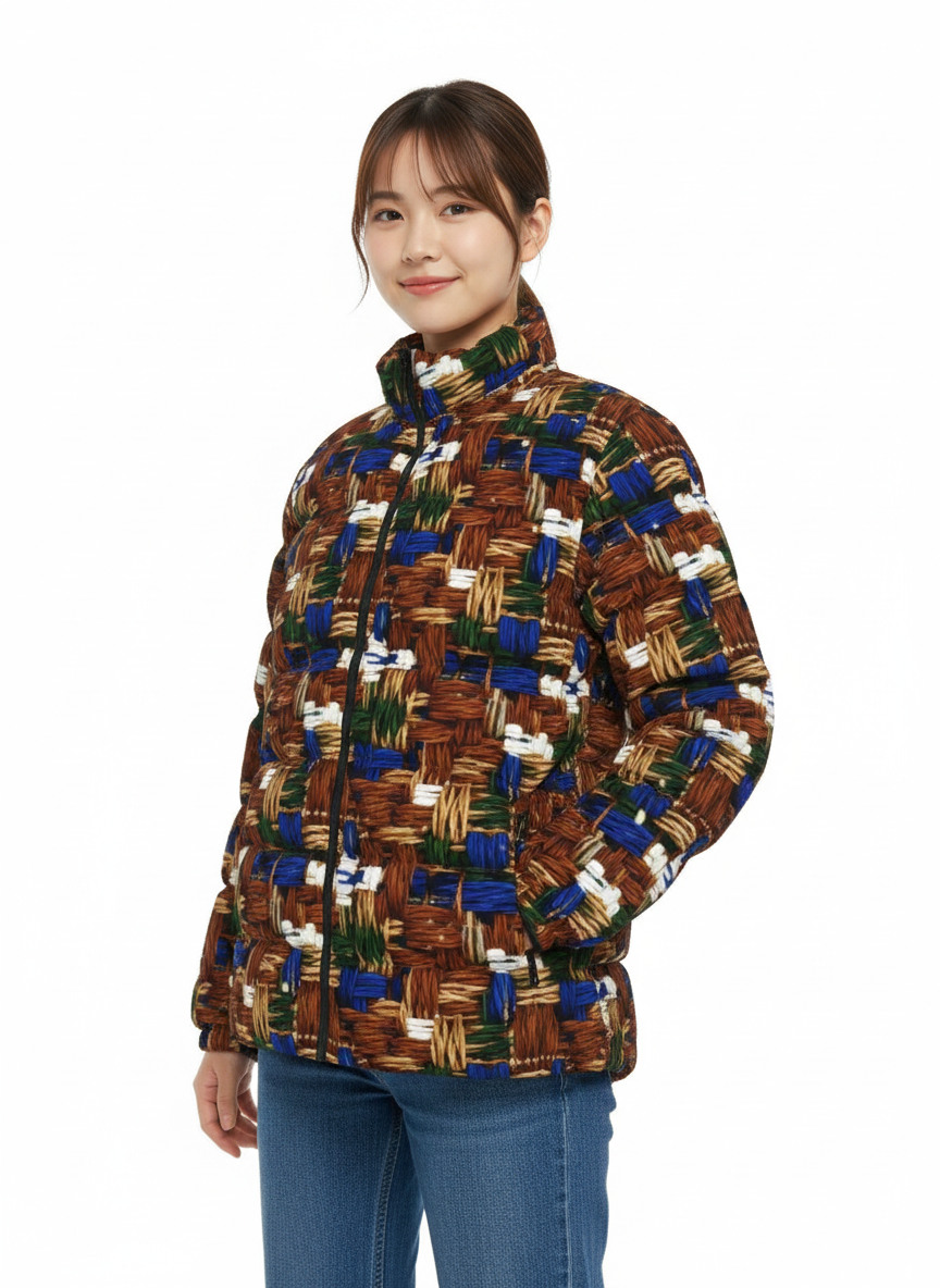 044 NISHIKIx Tweed Print Unisex Stand Collar Slim Down Jacket - Bronze
