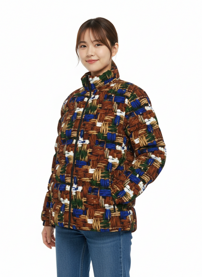 044 NISHIKIx Tweed Print Unisex Stand Collar Slim Down Jacket - Bronze