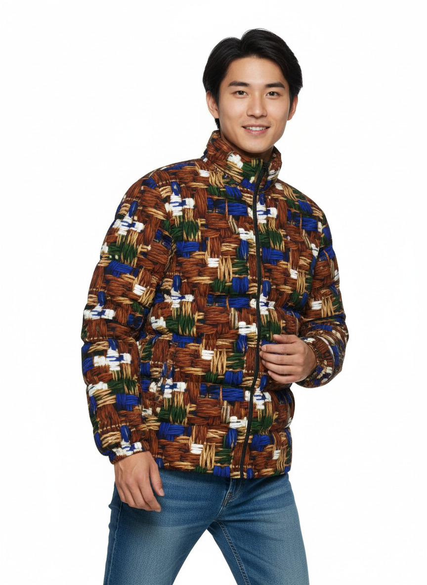 044 NISHIKIx Tweed Print Unisex Stand Collar Slim Down Jacket - Bronze
