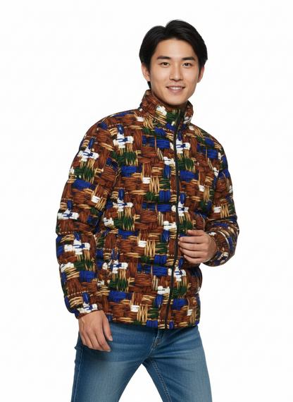 044 NISHIKIx Tweed Print Unisex Stand Collar Slim Down Jacket - Bronze
