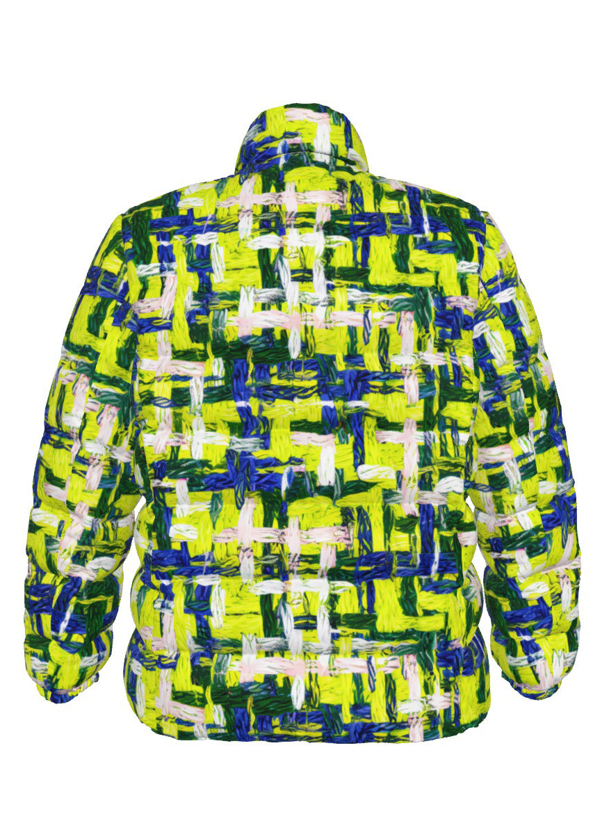 045 NISHIKIx Tweed Print Unisex Stand Collar Slim Down Jacket - Fluorescent Yellow