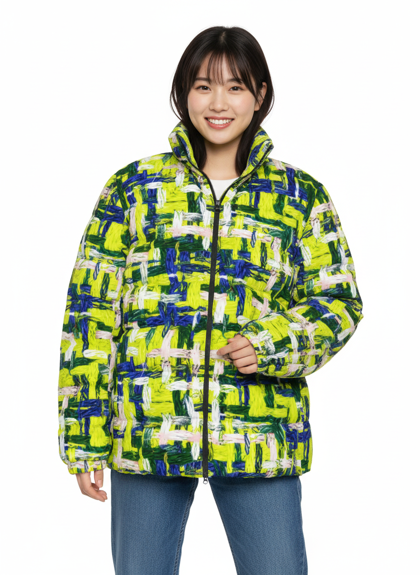 045 NISHIKIx Tweed Print Unisex Stand Collar Slim Down Jacket - Fluorescent Yellow