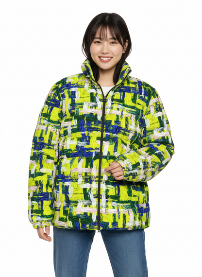 045 NISHIKIx Tweed Print Unisex Stand Collar Slim Down Jacket - Fluorescent Yellow