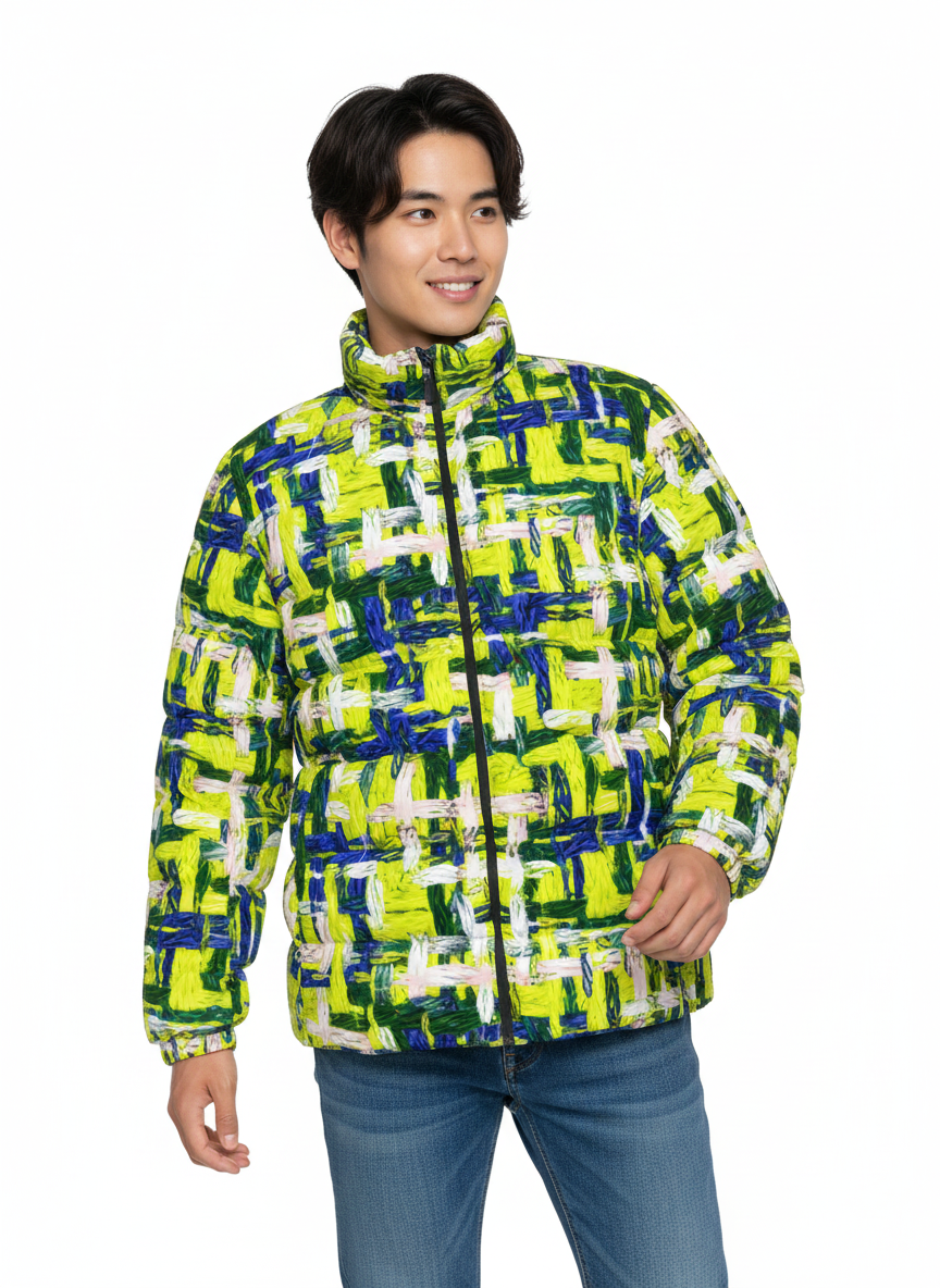 045 NISHIKIx Tweed Print Unisex Stand Collar Slim Down Jacket - Fluorescent Yellow