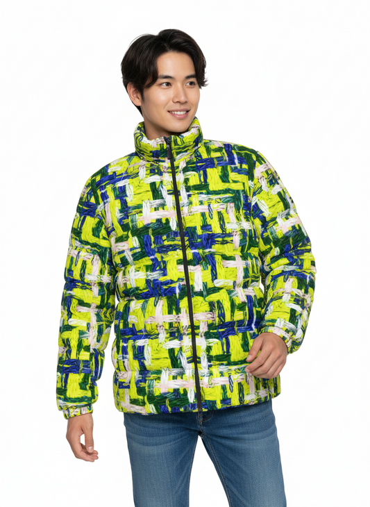 045 NISHIKIx Tweed Print Unisex Stand Collar Slim Down Jacket - Fluorescent Yellow