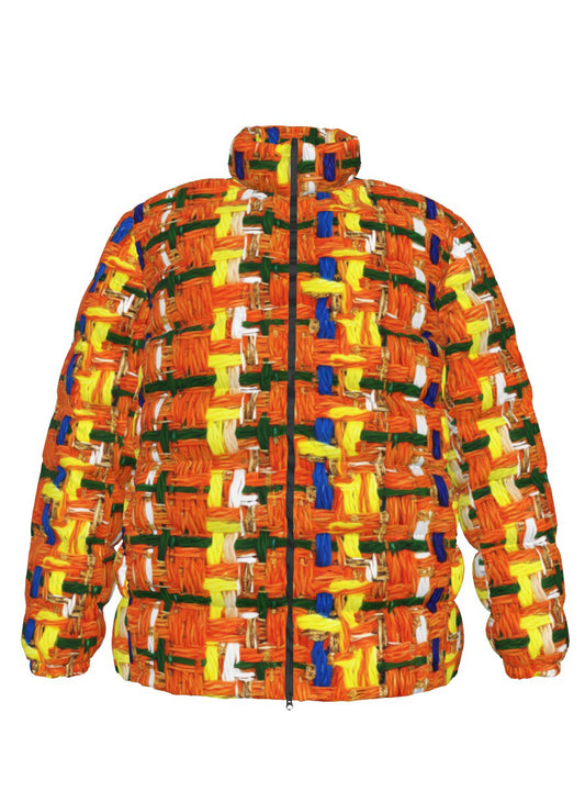 046 NISHIKIx Tweed Print Unisex Stand Collar Slim Down Jacket - Fluorescent Orange