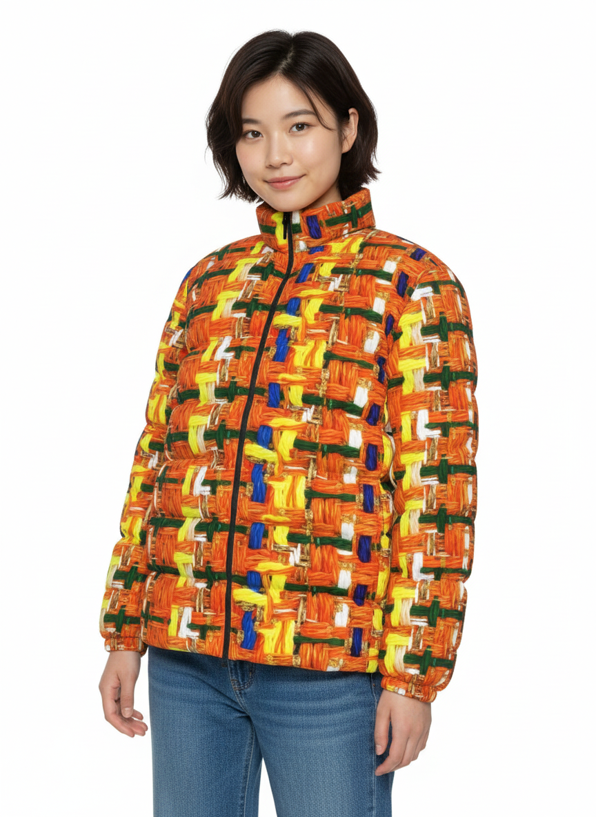046 NISHIKIx Tweed Print Unisex Stand Collar Slim Down Jacket - Fluorescent Orange
