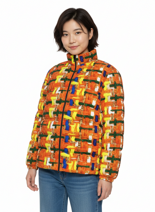 046 NISHIKIx Tweed Print Unisex Stand Collar Slim Down Jacket - Fluorescent Orange
