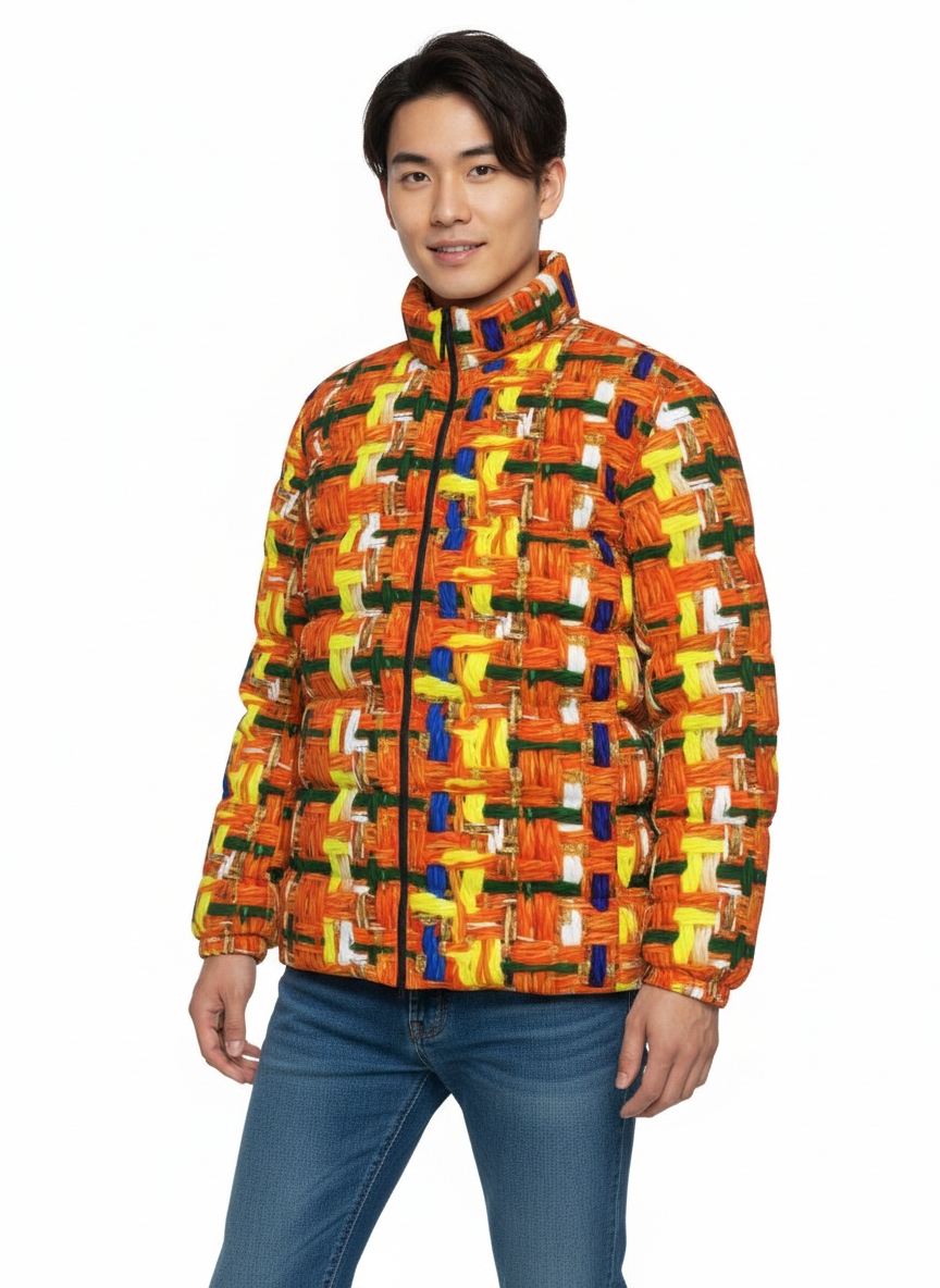 046 NISHIKIx Tweed Print Unisex Stand Collar Slim Down Jacket - Fluorescent Orange