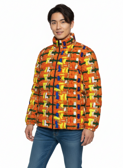 046 NISHIKIx Tweed Print Unisex Stand Collar Slim Down Jacket - Fluorescent Orange