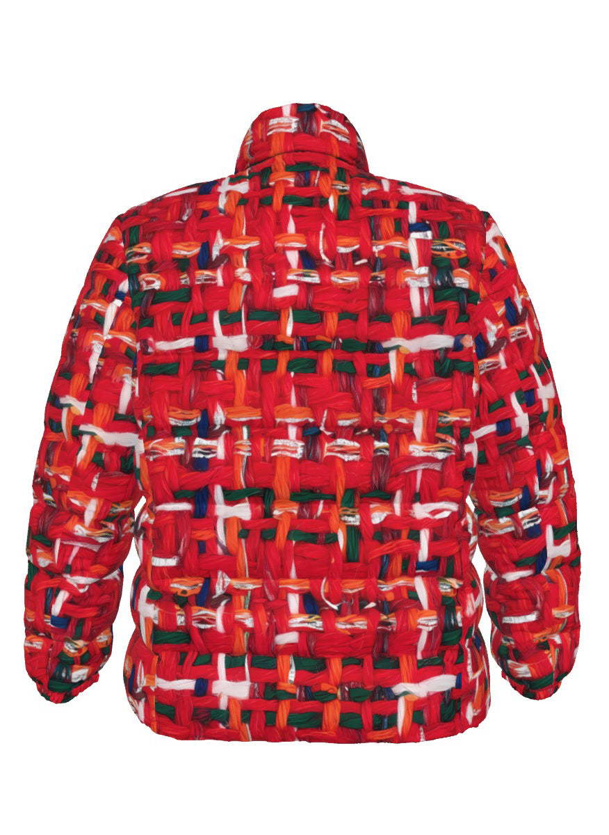 047 NISHIKIx Tweed Print Unisex Stand Collar Slim Down Jacket - Fluorescent Red