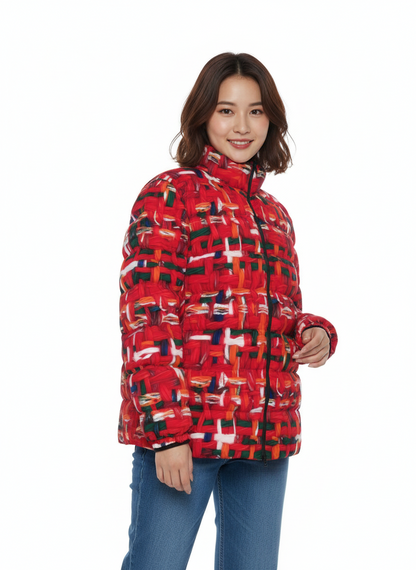 047 NISHIKIx Tweed Print Unisex Stand Collar Slim Down Jacket - Fluorescent Red