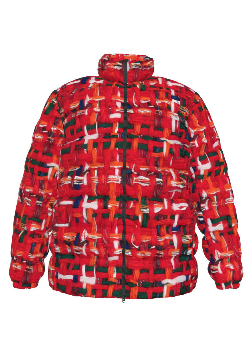 047 NISHIKIx Tweed Print Unisex Stand Collar Slim Down Jacket - Fluorescent Red
