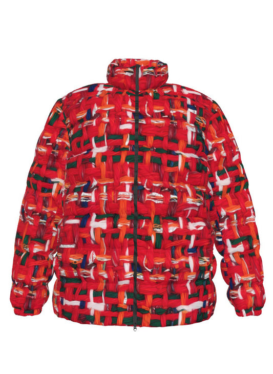 047 NISHIKIx Tweed Print Unisex Stand Collar Slim Down Jacket - Fluorescent Red
