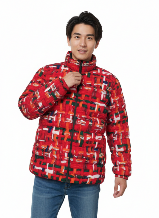 047 NISHIKIx Tweed Print Unisex Stand Collar Slim Down Jacket - Fluorescent Red