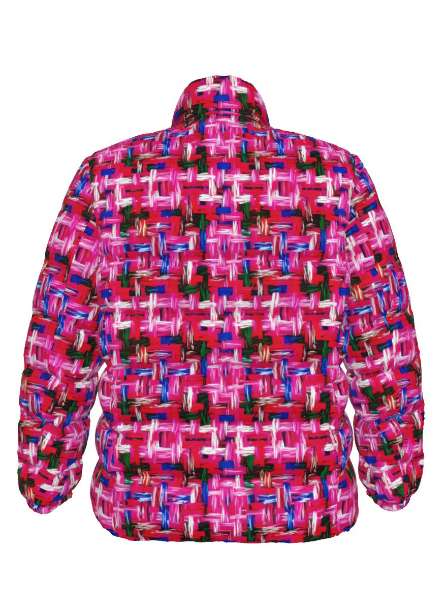 048 NISHIKIx Tweed Print Unisex Stand Collar Slim Down Jacket - Fluorescent Pink