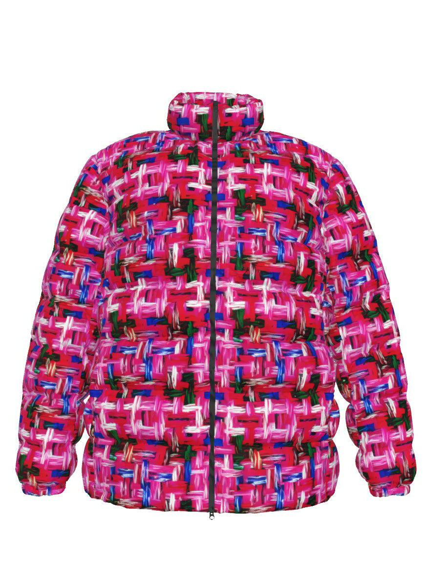 048 NISHIKIx Tweed Print Unisex Stand Collar Slim Down Jacket - Fluorescent Pink
