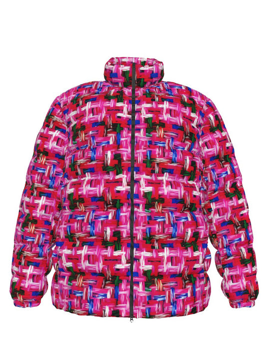 048 NISHIKIx Tweed Print Unisex Stand Collar Slim Down Jacket - Fluorescent Pink