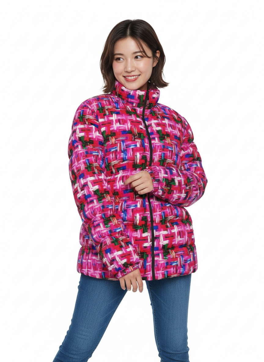 048 NISHIKIx Tweed Print Unisex Stand Collar Slim Down Jacket - Fluorescent Pink