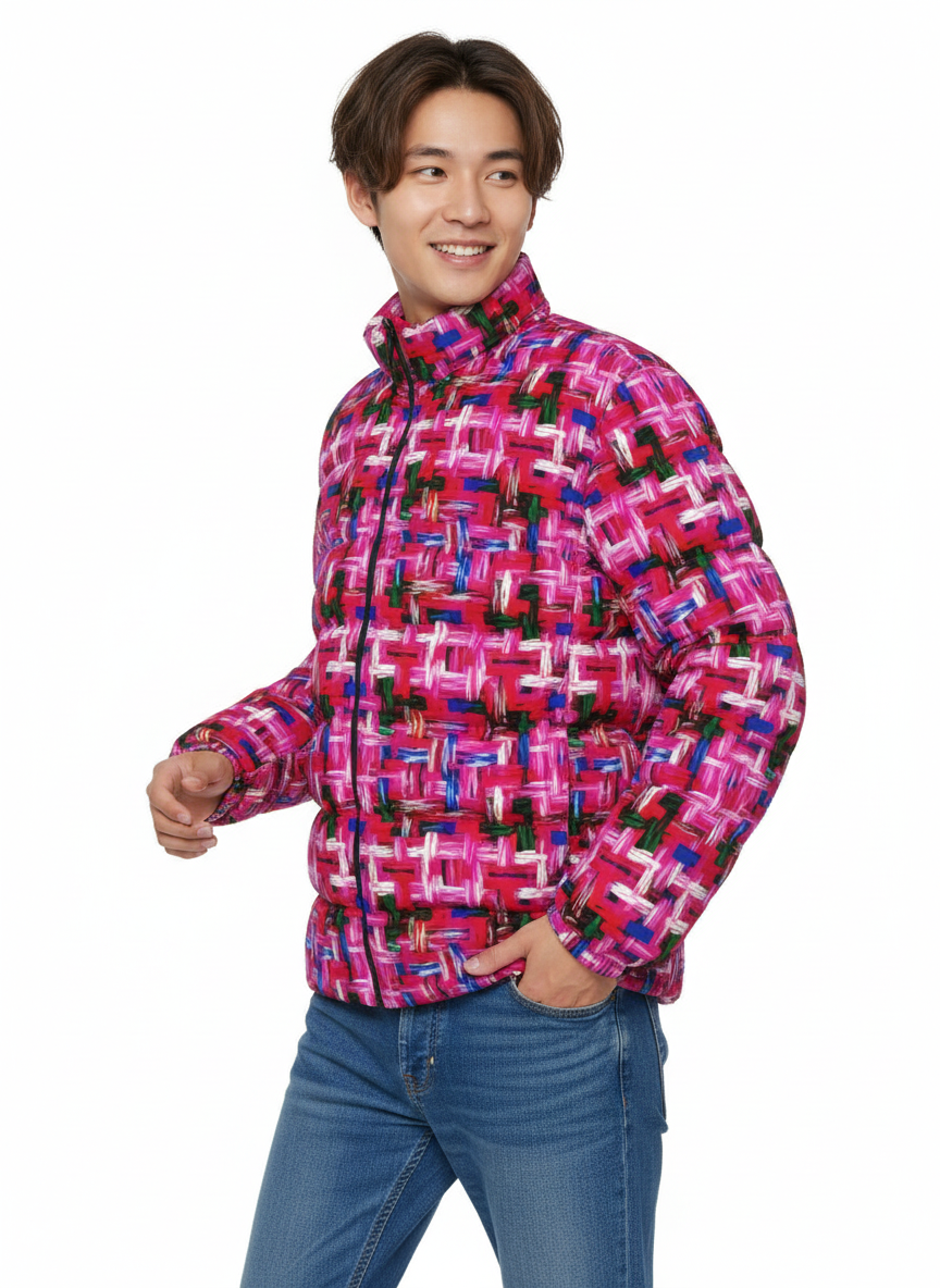 048 NISHIKIx Tweed Print Unisex Stand Collar Slim Down Jacket - Fluorescent Pink