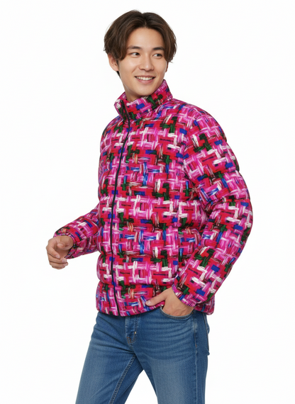 048 NISHIKIx Tweed Print Unisex Stand Collar Slim Down Jacket - Fluorescent Pink