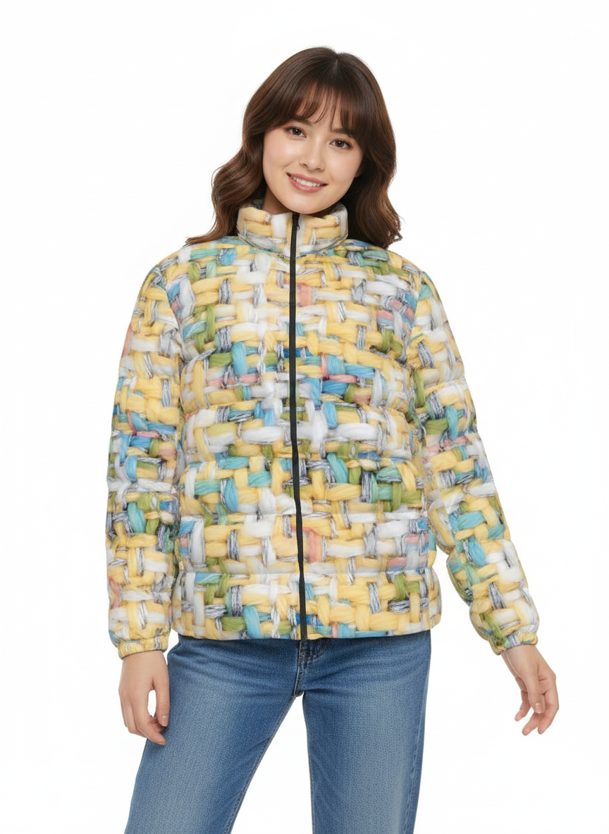 049 NISHIKIx Tweed Print Unisex Stand Collar Slim Down Jacket - Yellow Pale