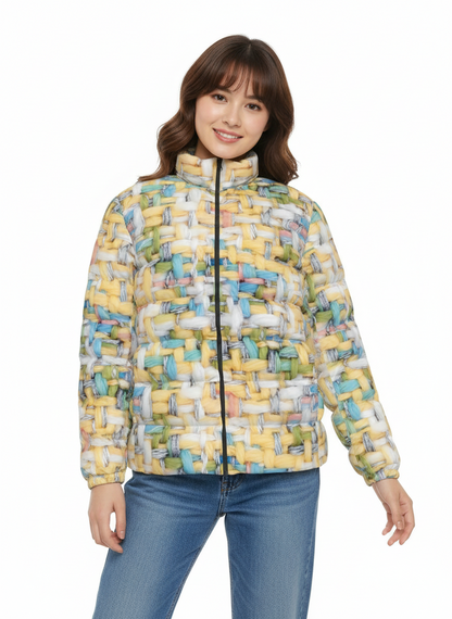 049 NISHIKIx Tweed Print Unisex Stand Collar Slim Down Jacket - Yellow Pale