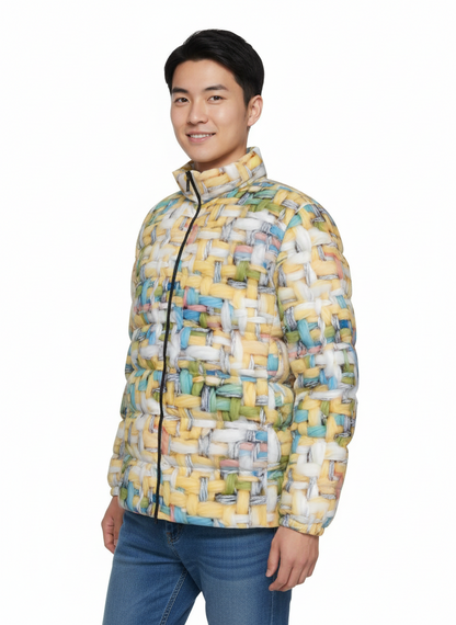 049 NISHIKIx Tweed Print Unisex Stand Collar Slim Down Jacket - Yellow Pale
