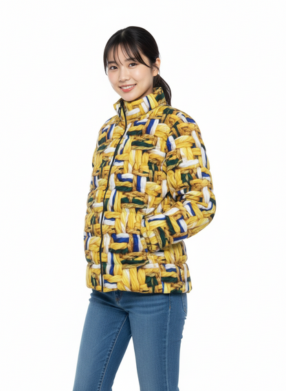 050 NISHIKIx Tweed Print Unisex Stand Collar Slim Down Jacket - Yellow Deep