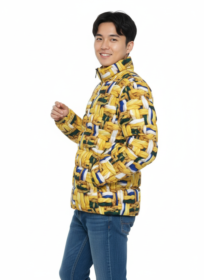 050 NISHIKIx Tweed Print Unisex Stand Collar Slim Down Jacket - Yellow Deep