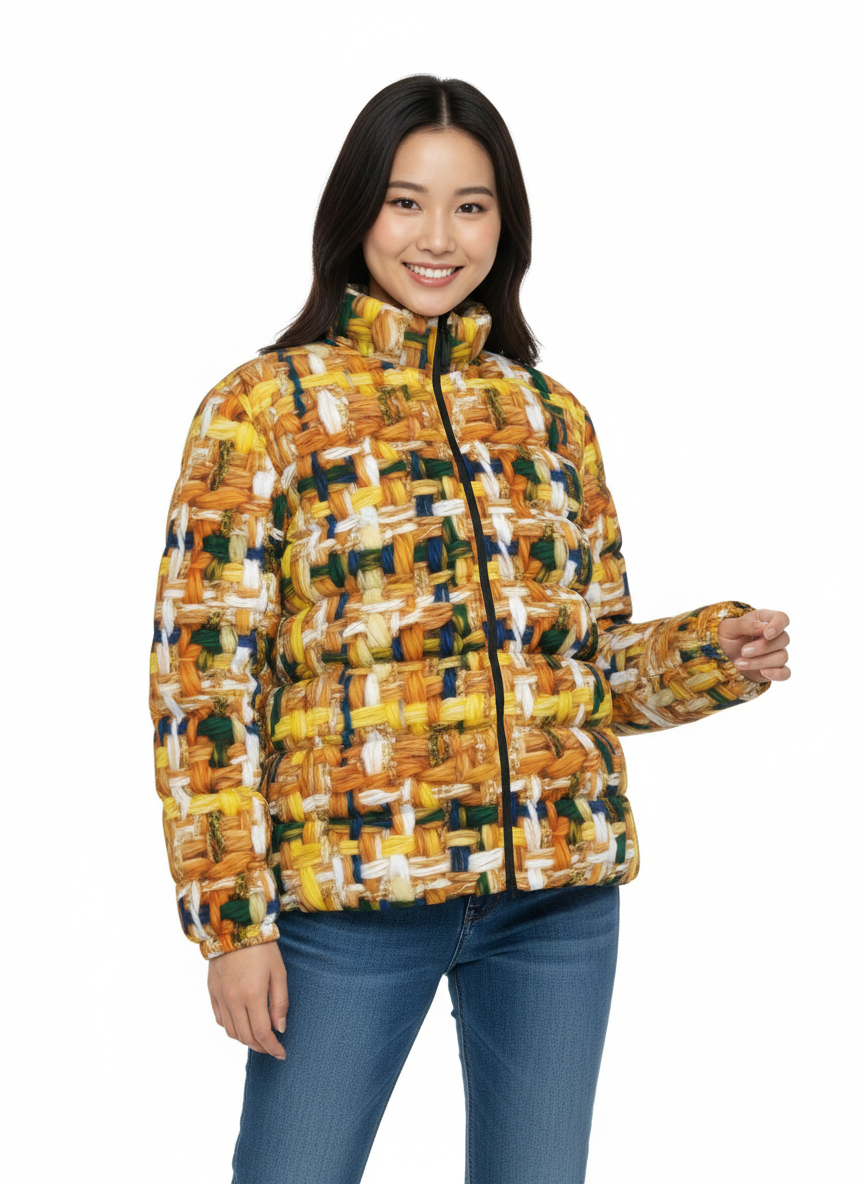 051 NISHIKIx Tweed Print Unisex Stand Collar Slim Down Jacket - Orange Yellow