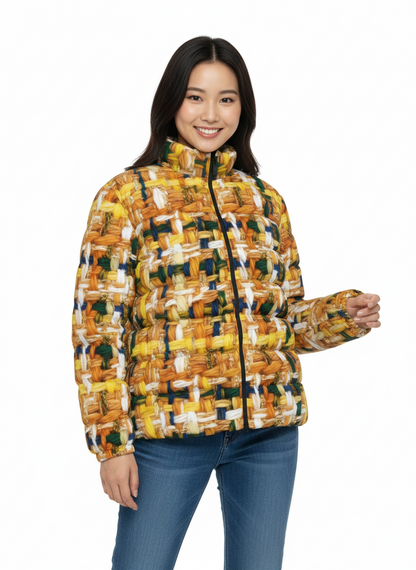 051 NISHIKIx Tweed Print Unisex Stand Collar Slim Down Jacket - Orange Yellow