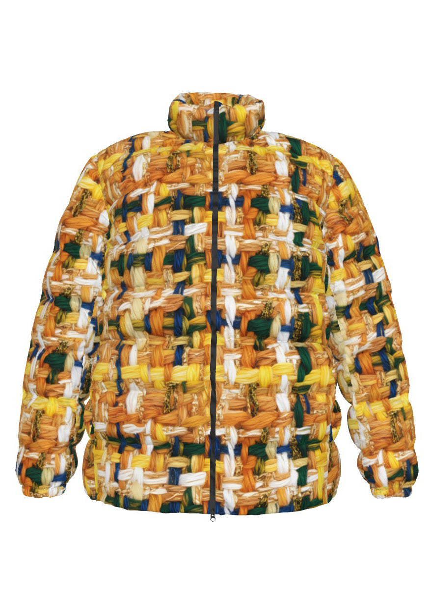051 NISHIKIx Tweed Print Unisex Stand Collar Slim Down Jacket - Orange Yellow