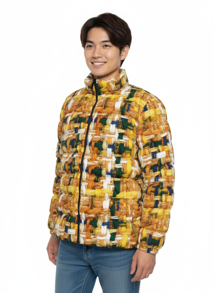 051 NISHIKIx Tweed Print Unisex Stand Collar Slim Down Jacket - Orange Yellow