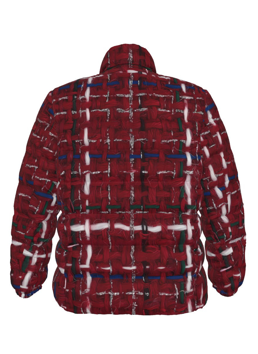 053 NISHIKIx Tweed Print Unisex Stand Collar Slim Down Jacket - Carmine