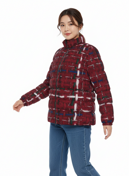 053 NISHIKIx Tweed Print Unisex Stand Collar Slim Down Jacket - Carmine