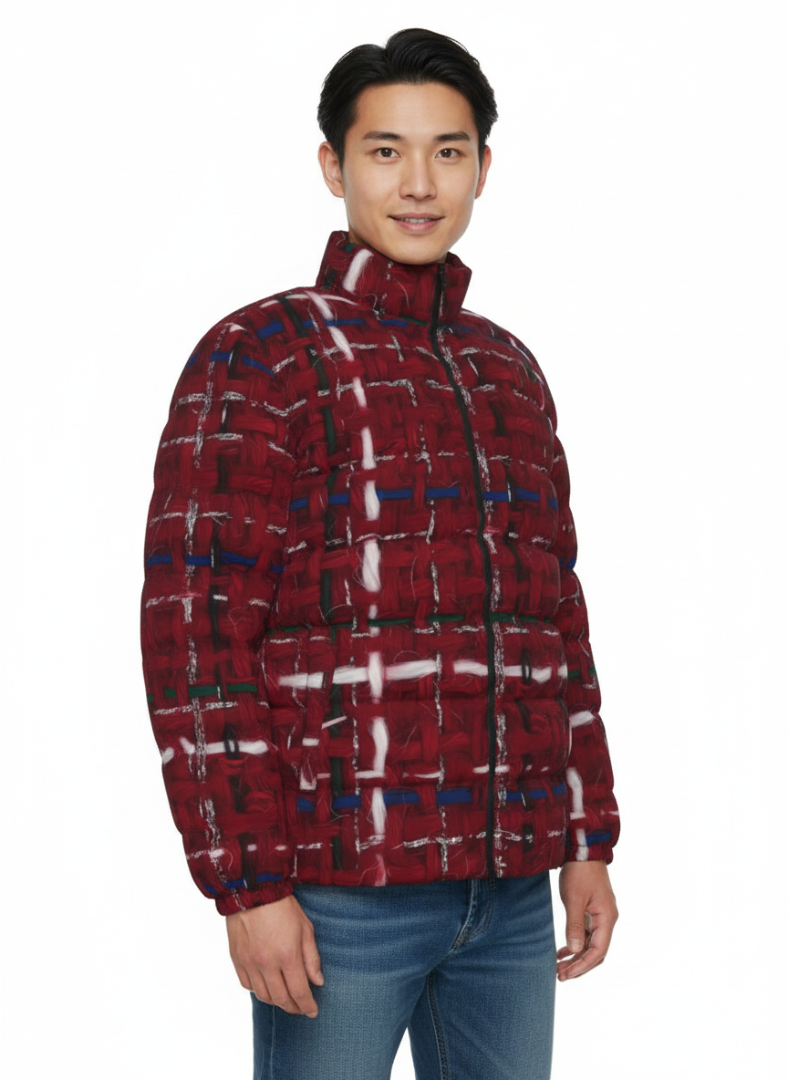 053 NISHIKIx Tweed Print Unisex Stand Collar Slim Down Jacket - Carmine