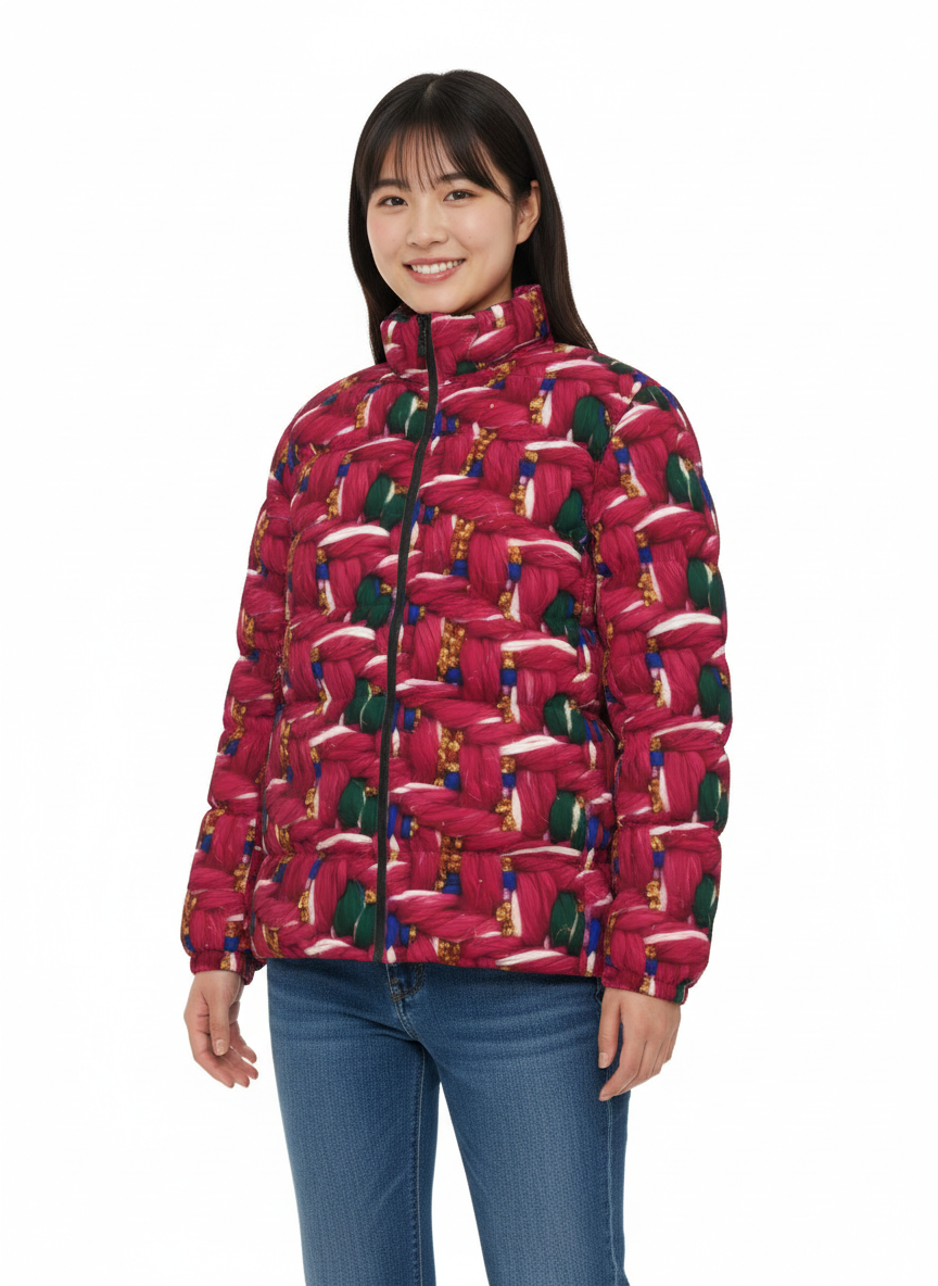 054 NISHIKIx Tweed Print Unisex Stand Collar Slim Down Jacket - Rose