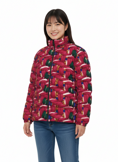 054 NISHIKIx Tweed Print Unisex Stand Collar Slim Down Jacket - Rose